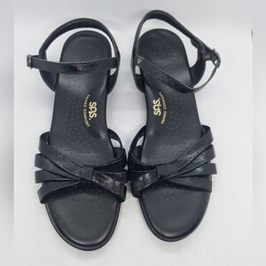 SAS Strippy Black Leather Wedge Heel Tripad Comfort Strappy Sandals Womens 10M